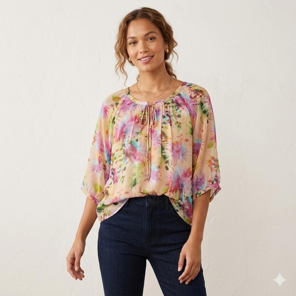 CLEO PETITES Womens Floral Multicolor Sheer Blouse Summer Travel Flowy  sz S